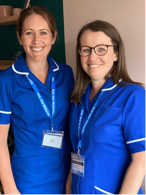 Image of two midwives that links to a press release about the Ask a Midwife service.