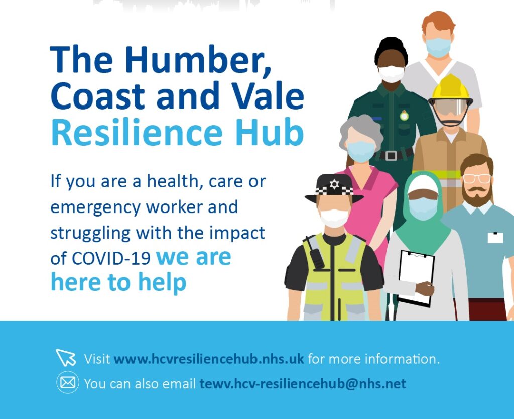 Image informing health, care and emergency workers that support is available through the staff resilience hub if they are struggling with the impact of Covid-19