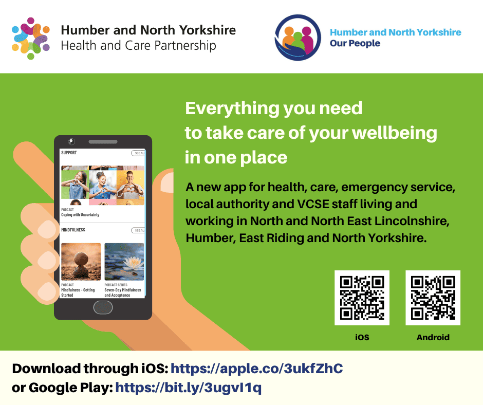 Image gives instructions on how to find and download the Humber and North Yorkshire staff wellbeing app.