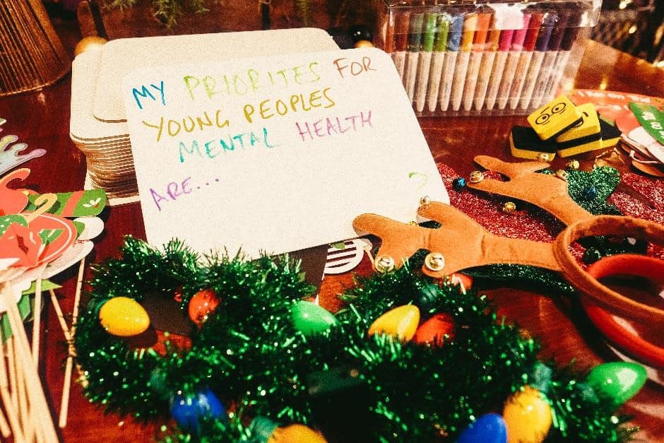 Christmas scene with a note saying My priorities for young peoples mental health are...