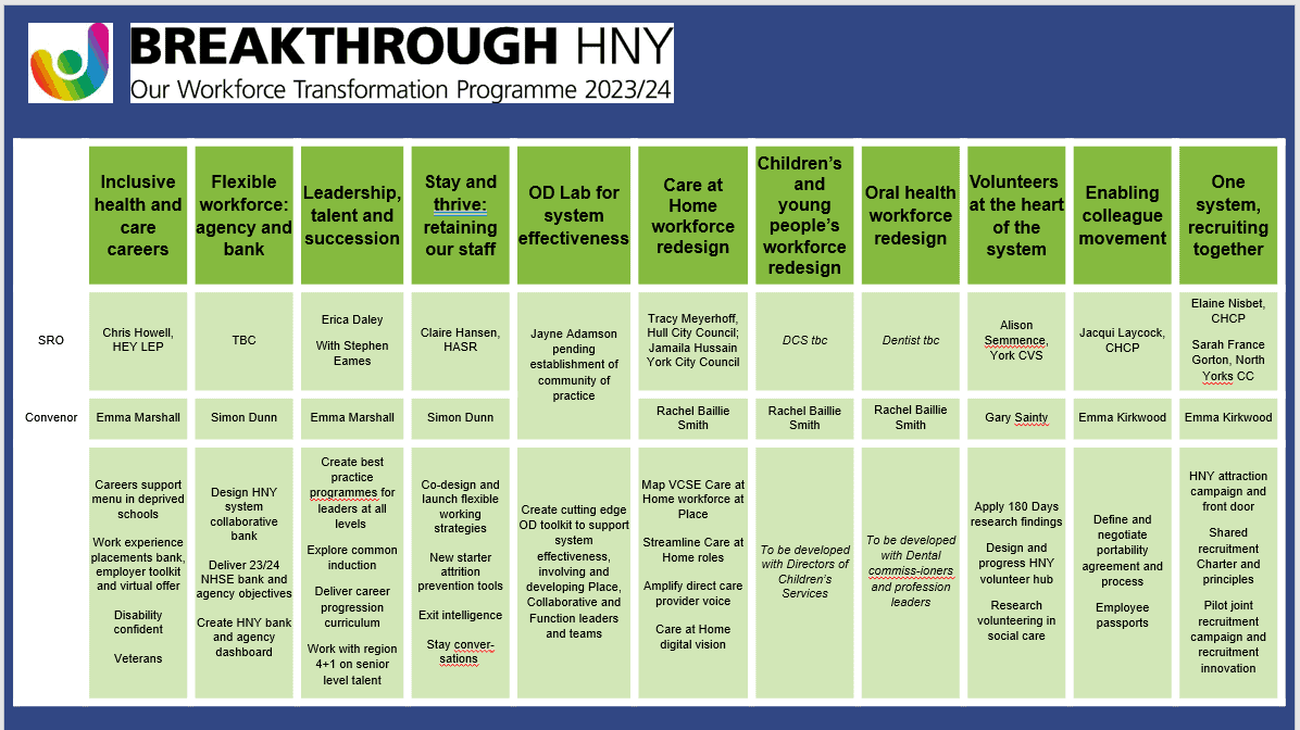 Image explains the Breakthrough HNY process as a grid formed of the task and finish groups that make up the programme.