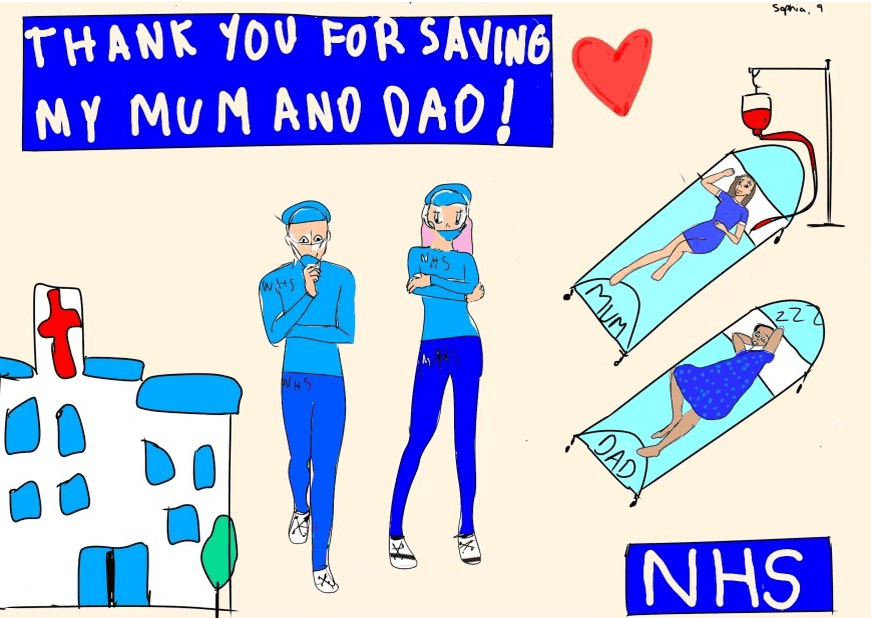 The drawing has text that says "Thank you for saving my mum and dad!" The picture includes a hospital, health professionals and two patients laid in hospital beds.