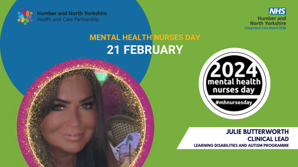 Celebratory banner/header for the Mental Health Nurses day. Picture of a mental health nurse - Julie Butterworth who is a clinical lead. The image also has the 2024 mental health nurses day official twibbon on.