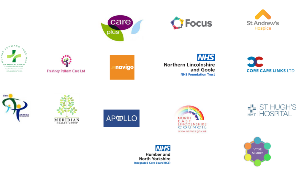 This image shows the logos of 15 organisations who make up the Health and Care partnership in North East Lincolnshire, in addition to representatives from the VCSE sector.