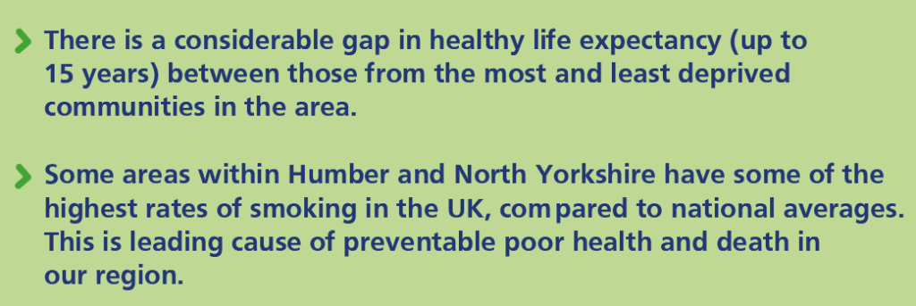 Live well stats. There is a considerable gap in healthy life expectancy (up to 15 years) between those from the most and least deprived communities in the area. Some areas within Humber and North Yorkshire have some of the highest rates of smoking in the UK, compared to national averages. This is leading cause of preventable poor health and death in our region.