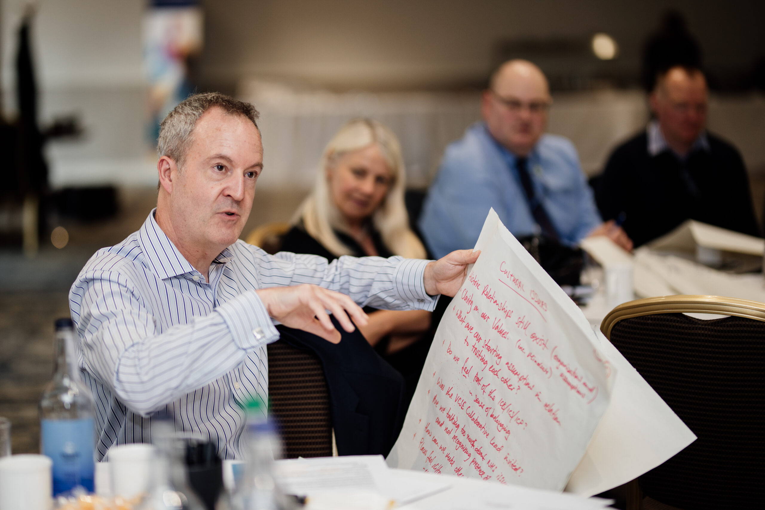 Executives in a meeting that make up the partnership. Person holding some flip chart paper having discussions at a meeting