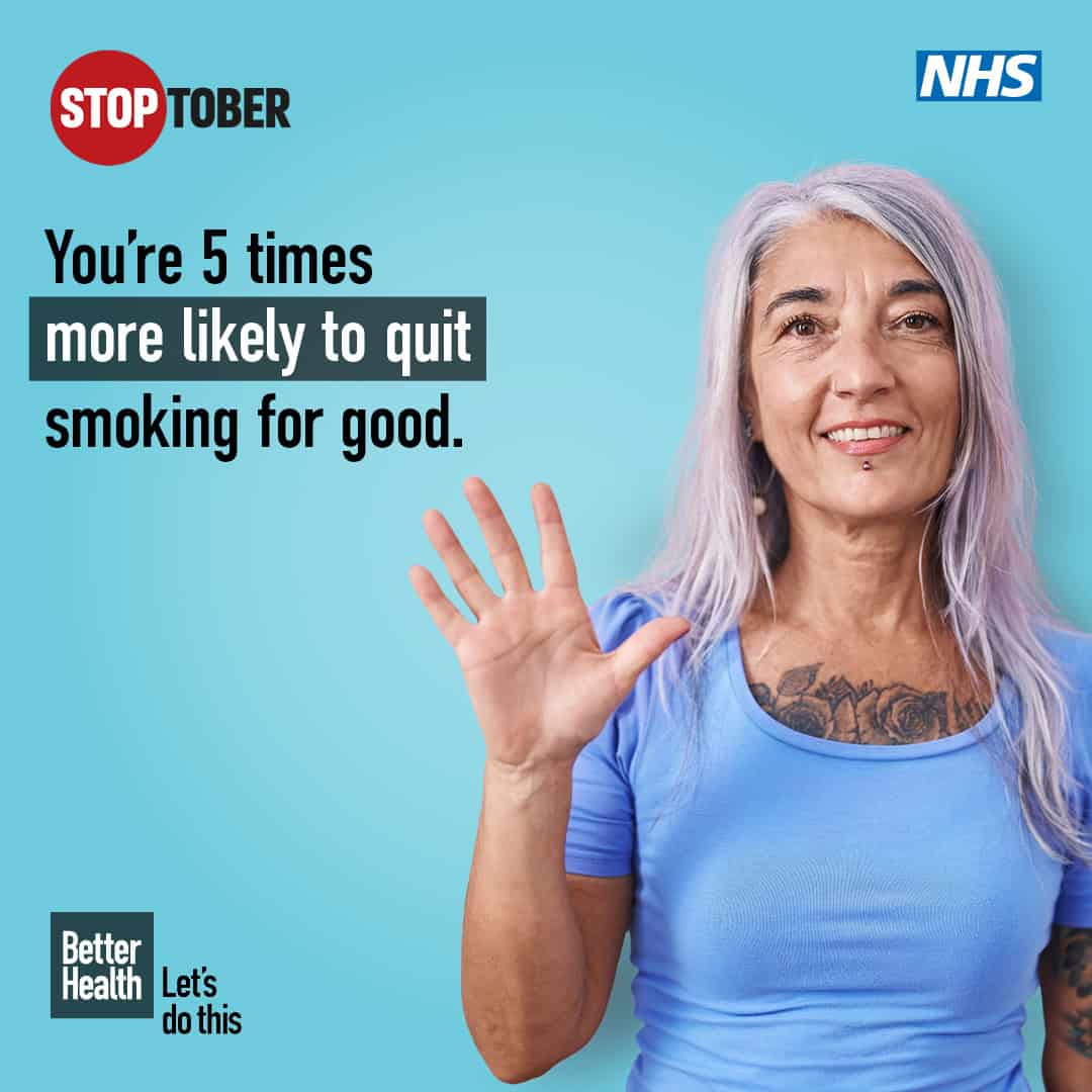 Picture of a woman holding her hand up with text that says "You're 5 times more likely to quit smoking for good."