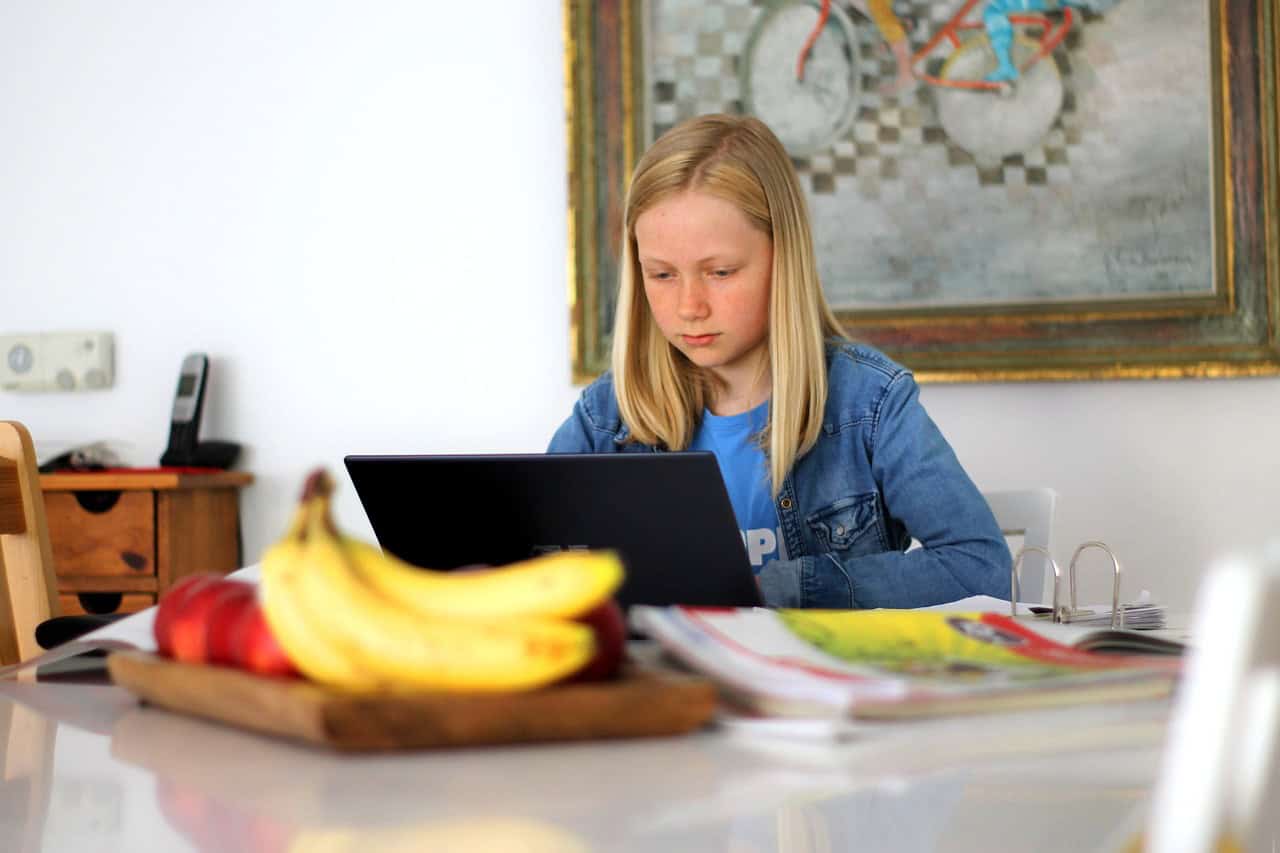 A young girl sits at a table with a laptop computer in front of her.