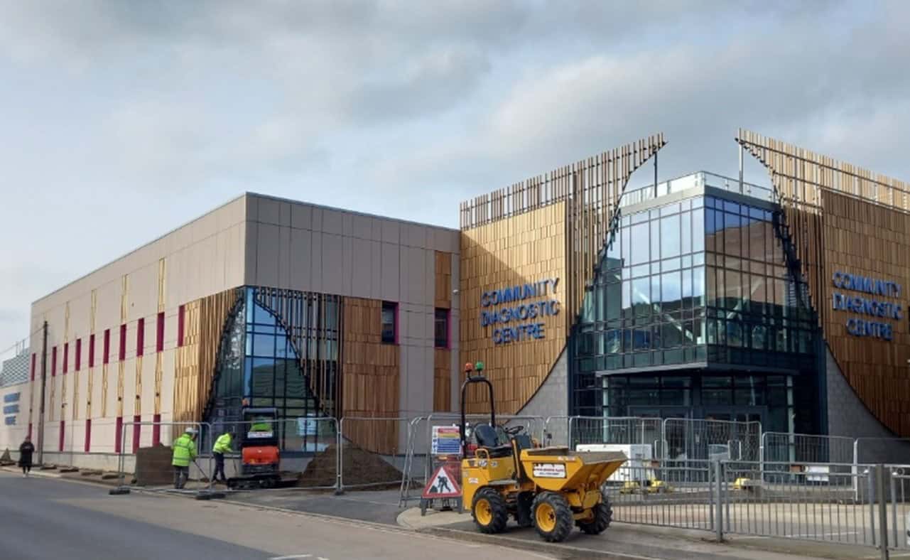 The outside of the Community Diagnostic Centre in Scunthorpe, with some building work being completed