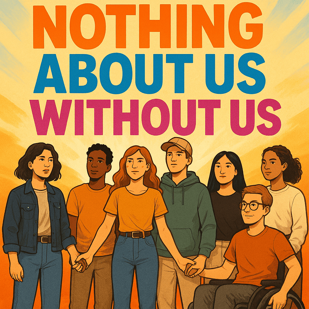 A-powerful-and-inspiring-image-with-the-phrase-Nothing-About-Us-Without-Us-in-bold-vibrant-colors, with depictions of children and young people in the foreground