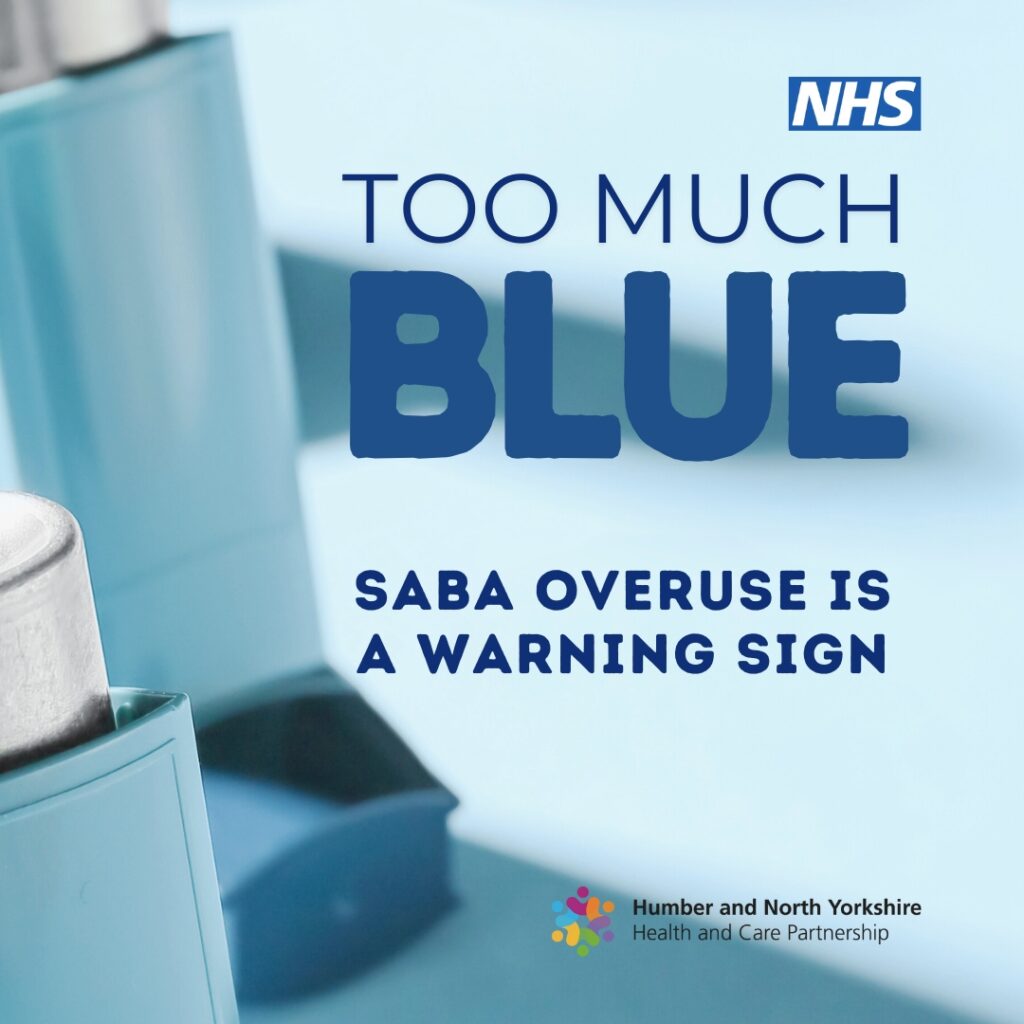 High quality asthma care. Image showing blue inhalers and the tag line too much blue SABA overuse is a warning sign